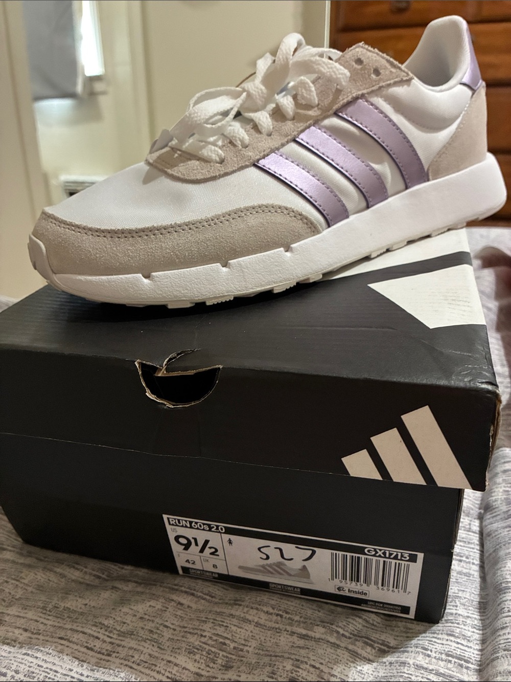 adidas Women’s White Sneakers with Lilac Metallic Stripes and Beige Suede